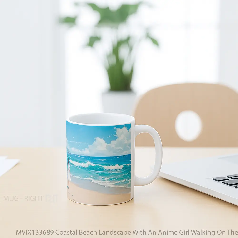 Mug Coastal Beach Landscape With An Anime Girl Walking On The Sand Cangkir Anime - All-side / Desain
