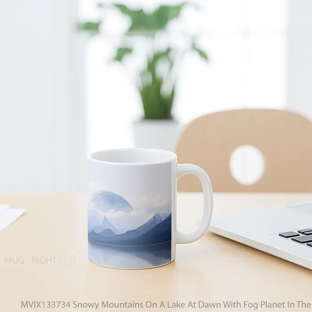 Mug Snowy Mountains On A Lake At Dawn With Fog Planet In The Background Gelas Pemandangan Alam - All-side / Desain