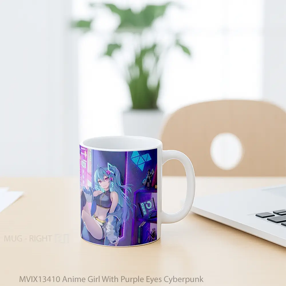 Mug Anime Girl With Purple Eyes Cyberpunk Cangkir Anime - All-side / Desain