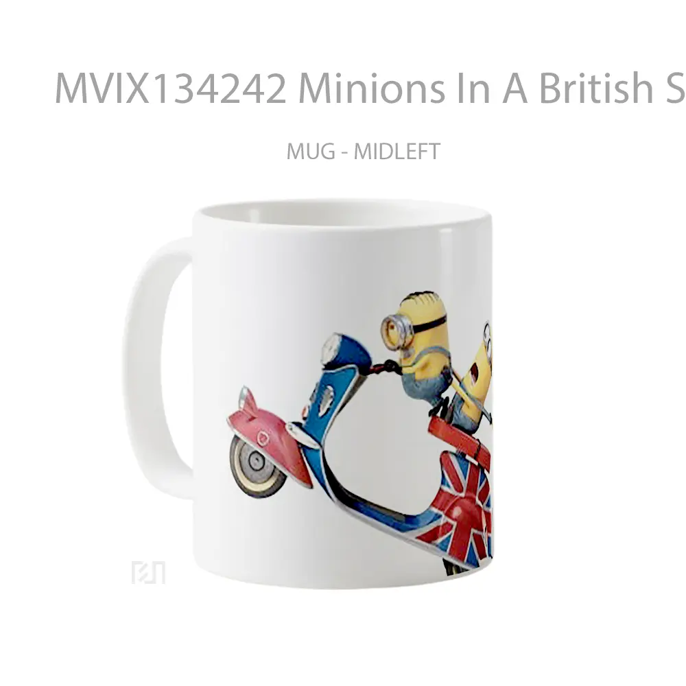 Mug Minions In A British Scooter Gelas Kartun - All-side / Desain