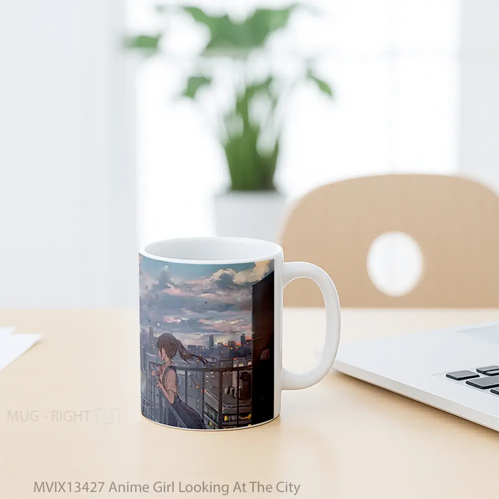 Mug Anime Girl Looking At The City Cangkir Anime - All-side / Desain