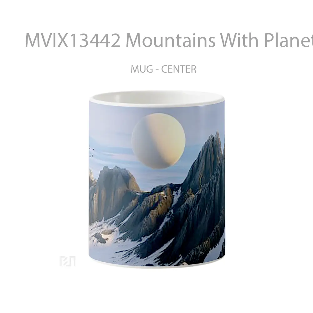 Mug Mountains With Planet Upclose 3D Illustration Gelas Pemandangan Alam