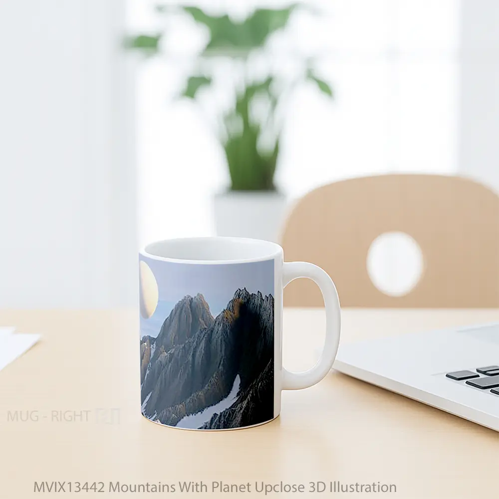 Mug Mountains With Planet Upclose 3D Illustration Gelas Pemandangan Alam - All-side / Desain