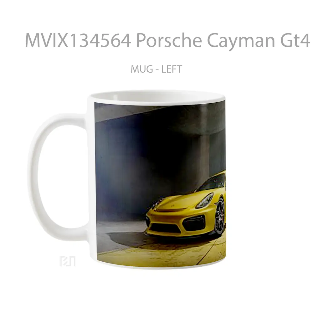 Mug Porsche Cayman Gt4 Yellow Cangkir Mobil - All-side / Desain