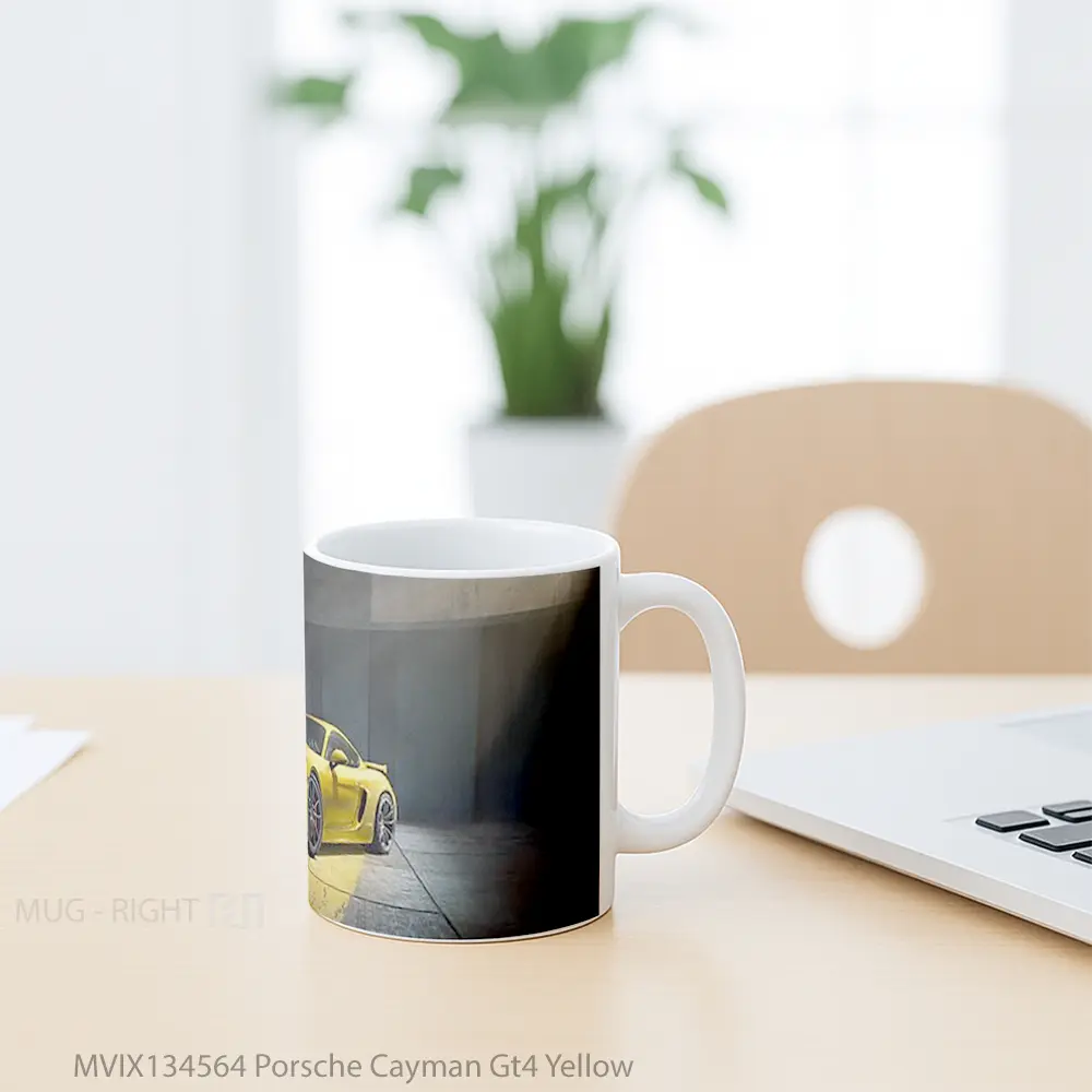 Mug Porsche Cayman Gt4 Yellow Cangkir Mobil - All-side / Desain