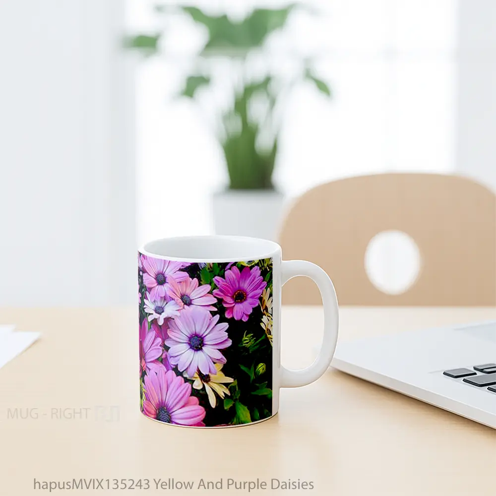 Mug Yellow And Purple Daisies Gelas Keramik Unik - All-side / Desain