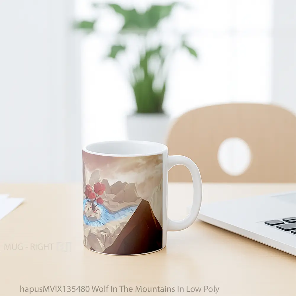Mug Wolf In The Mountains In Low Poly Gelas Hewan Lucu - All-side / Desain