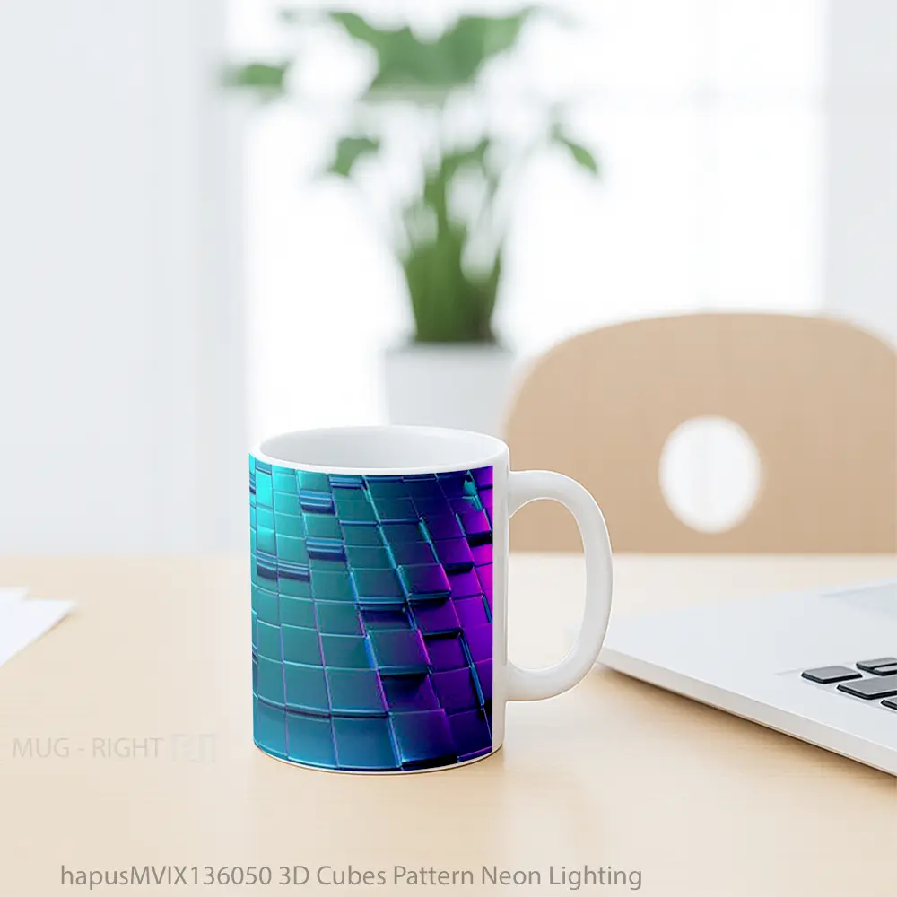 Mug 3D Cubes Pattern Neon Lighting Gelas Seni Modern - All-side / Desain