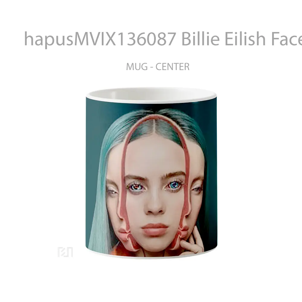 Mug Billie Eilish Faces Green Background Gelas Selebriti