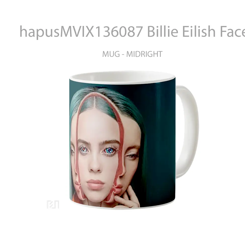 Mug Billie Eilish Faces Green Background Gelas Selebriti - All-side / Desain
