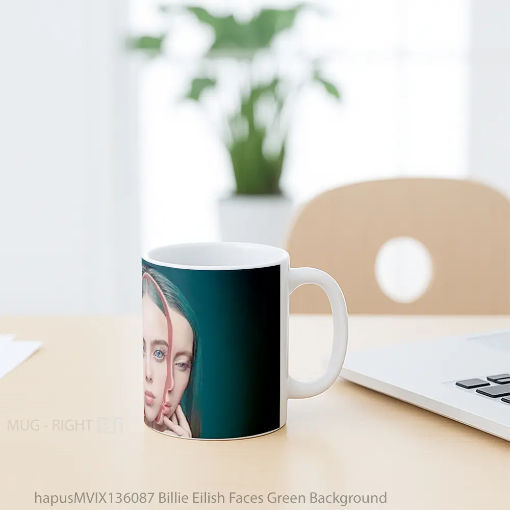 Mug Billie Eilish Faces Green Background Gelas Selebriti - All-side / Desain