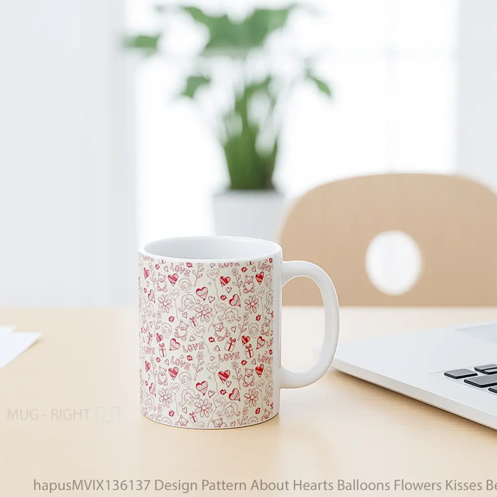 Mug Design Pattern About Hearts Balloons Flowers Kisses Bears And Gifts Gelas Hewan Lucu - All-side / Desain