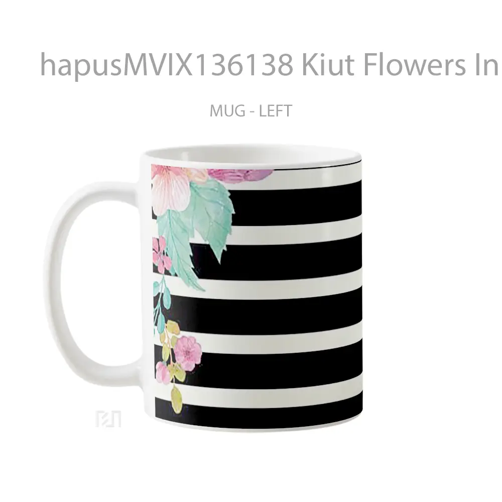 Mug Kiut Flowers In Black And White Lines Gelas Pemandangan Alam - All-side / Desain