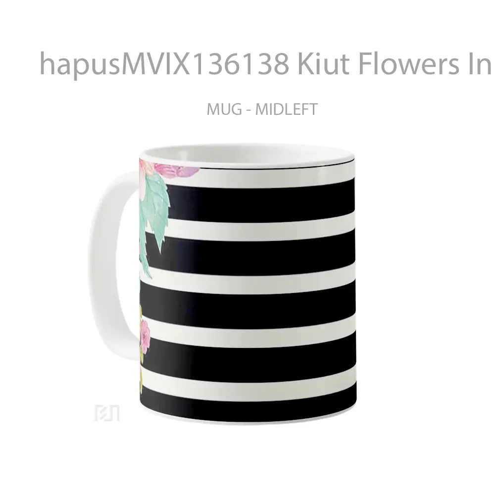 Mug Kiut Flowers In Black And White Lines Gelas Pemandangan Alam - All-side / Desain
