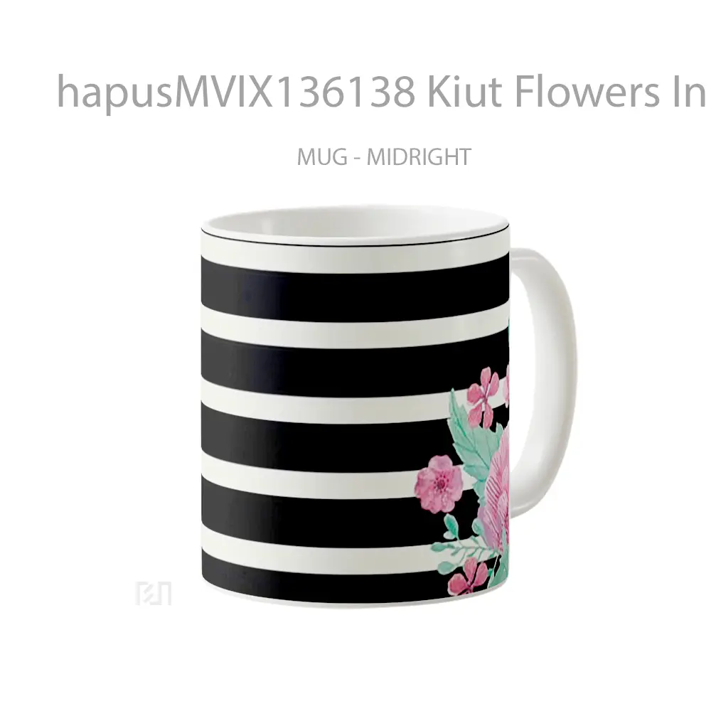 Mug Kiut Flowers In Black And White Lines Gelas Pemandangan Alam - All-side / Desain