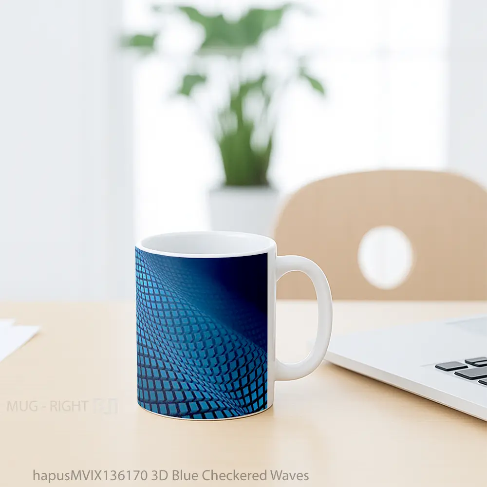 Mug 3D Blue Checkered Waves Gelas Keramik Unik - All-side / Desain