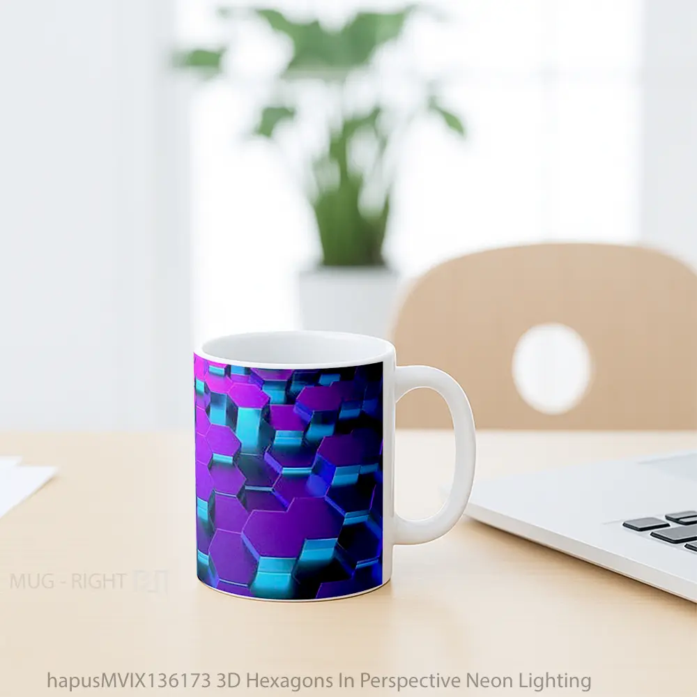 Mug 3D Hexagons In Perspective Neon Lighting Gelas Keramik Unik - All-side / Desain
