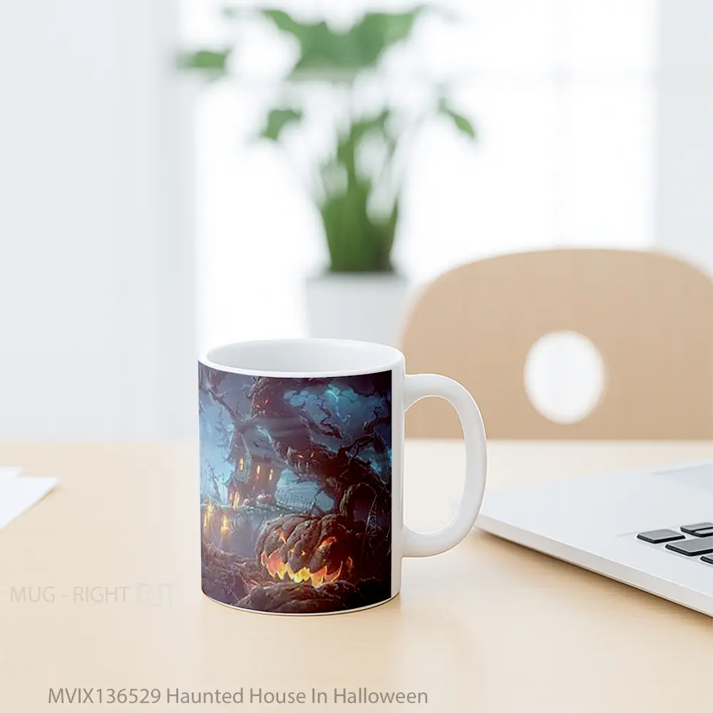 Mug Haunted House In Halloween Gelas Keramik Unik - All-side / Desain