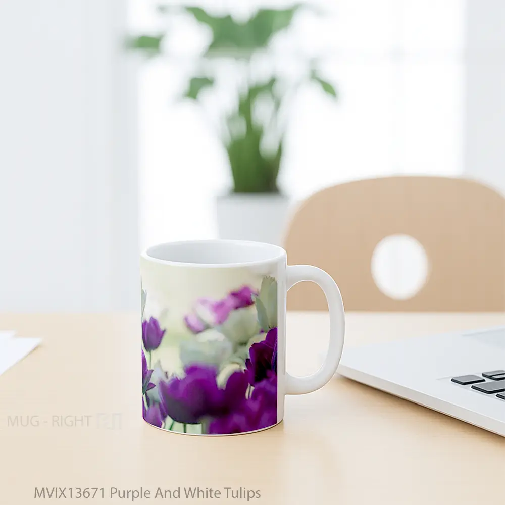 Mug Purple And White Tulips Gelas Keramik Unik - All-side / Desain