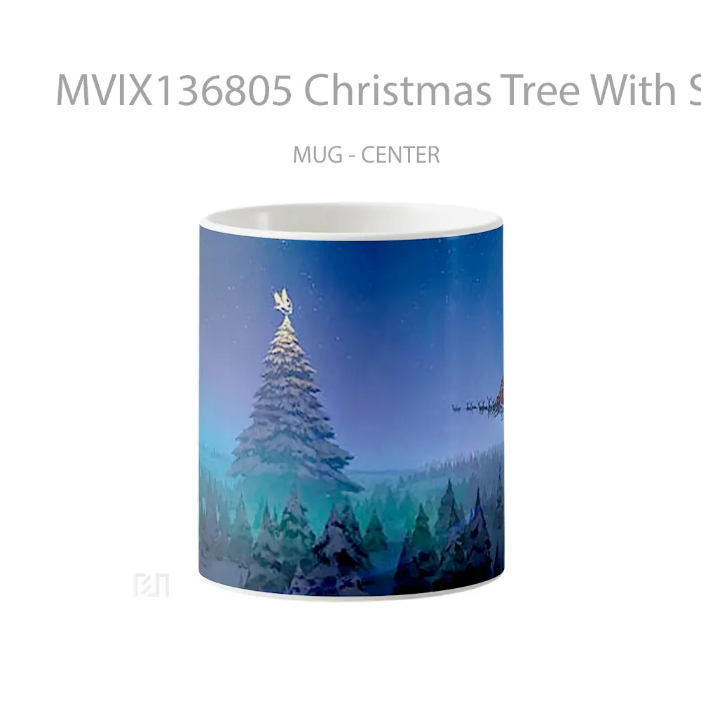 Mug Christmas Tree With Santa Claus Sleigh Flying Gelas Pemandangan Alam