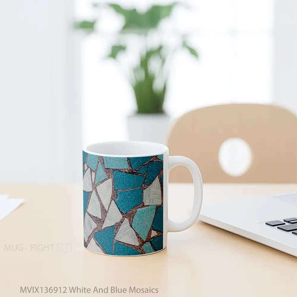 Mug White And Blue Mosaics Gelas Keramik Unik - All-side / Desain
