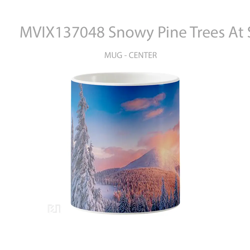 Mug Snowy Pine Trees At Sunset In Mountains Gelas Pemandangan Alam
