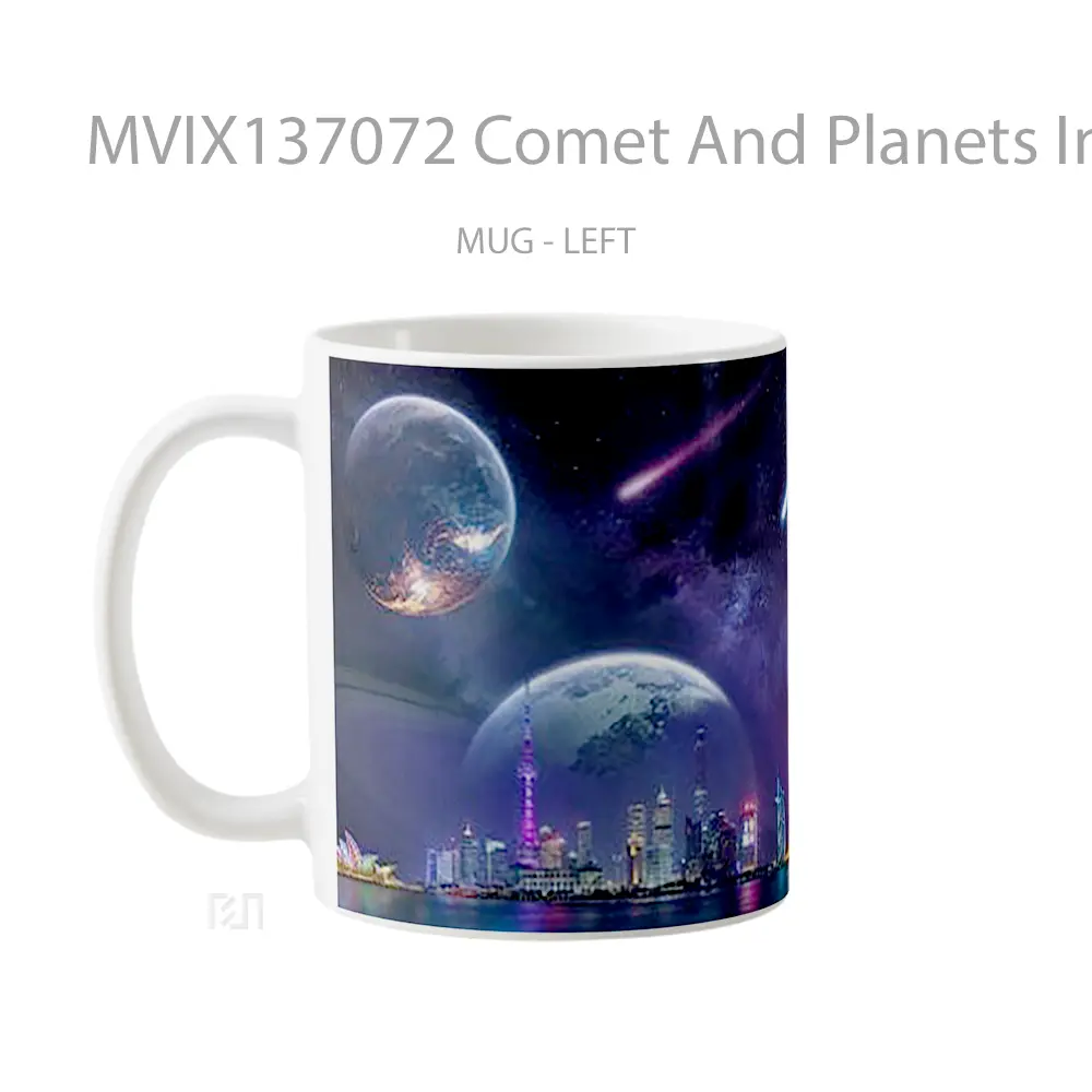 Mug Comet And Planets In Digital Night City Scenery Gelas Astronomi - All-side / Desain