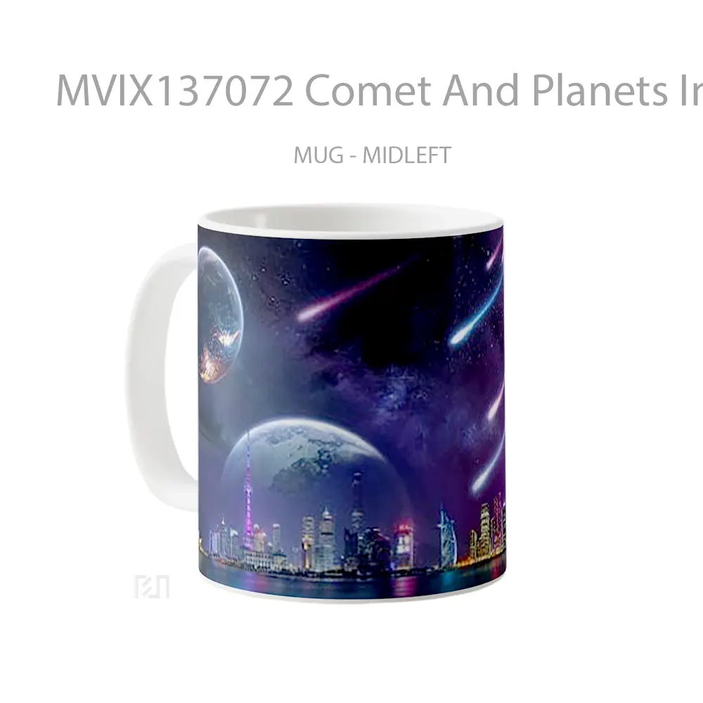 Mug Comet And Planets In Digital Night City Scenery Gelas Astronomi - All-side / Desain