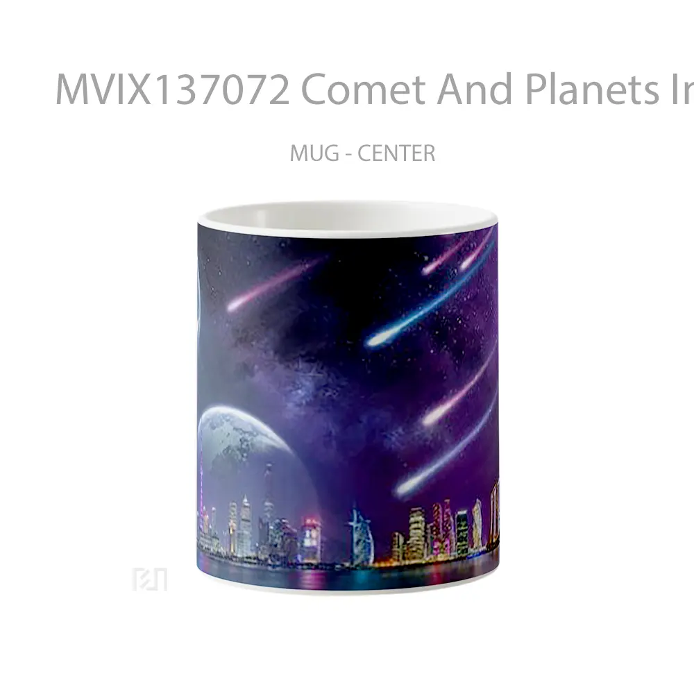 Mug Comet And Planets In Digital Night City Scenery Gelas Astronomi