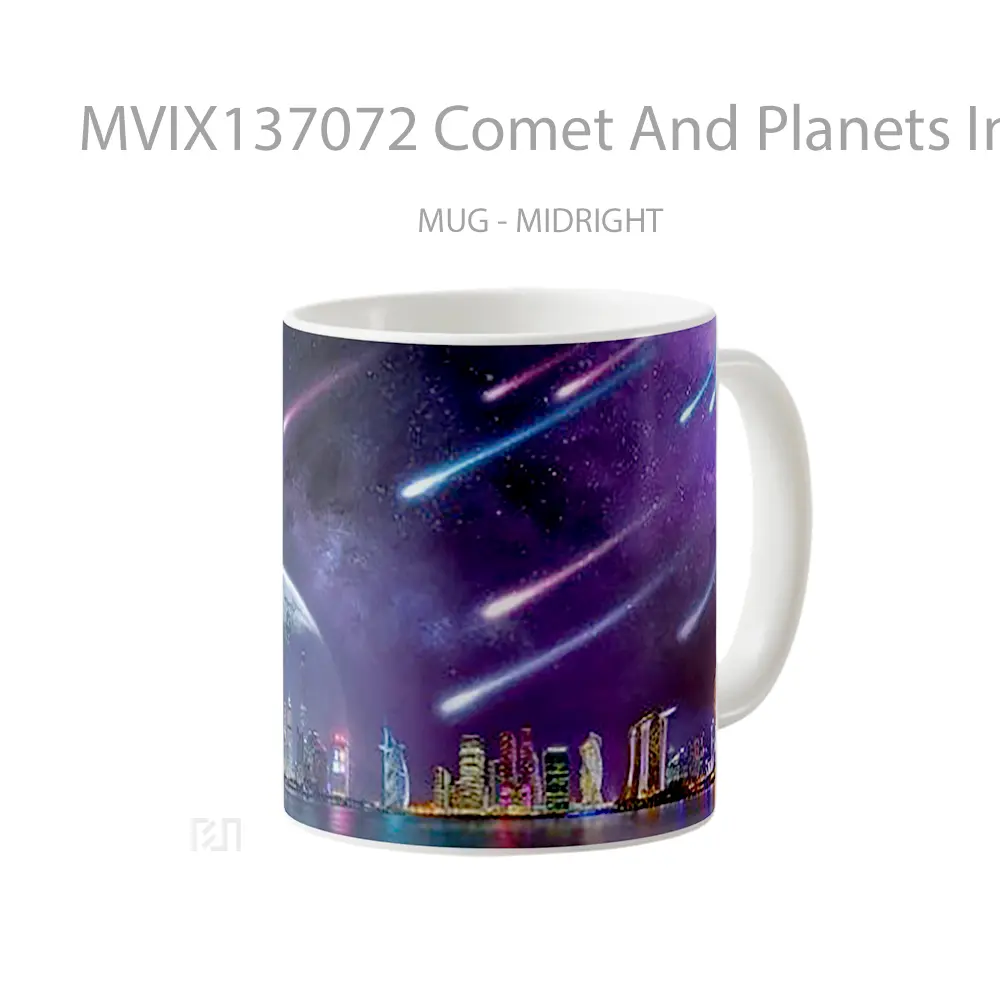 Mug Comet And Planets In Digital Night City Scenery Gelas Astronomi - All-side / Desain