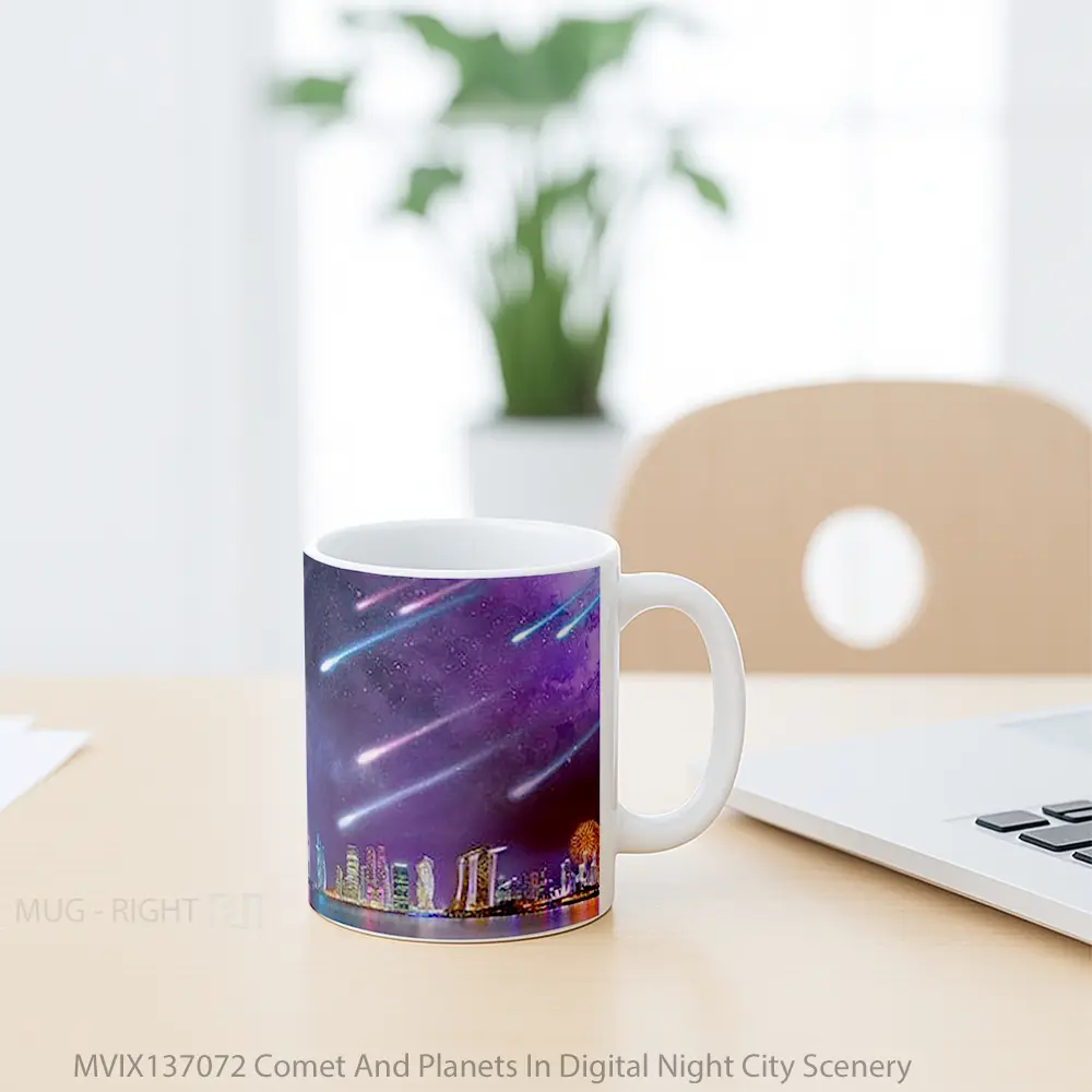 Mug Comet And Planets In Digital Night City Scenery Gelas Astronomi - All-side / Desain