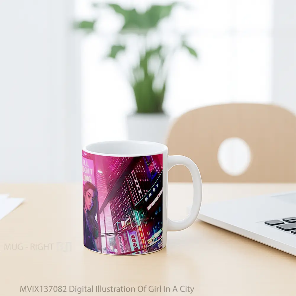 Mug Digital Illustration Of Girl In A City Gelas Seni Modern - All-side / Desain