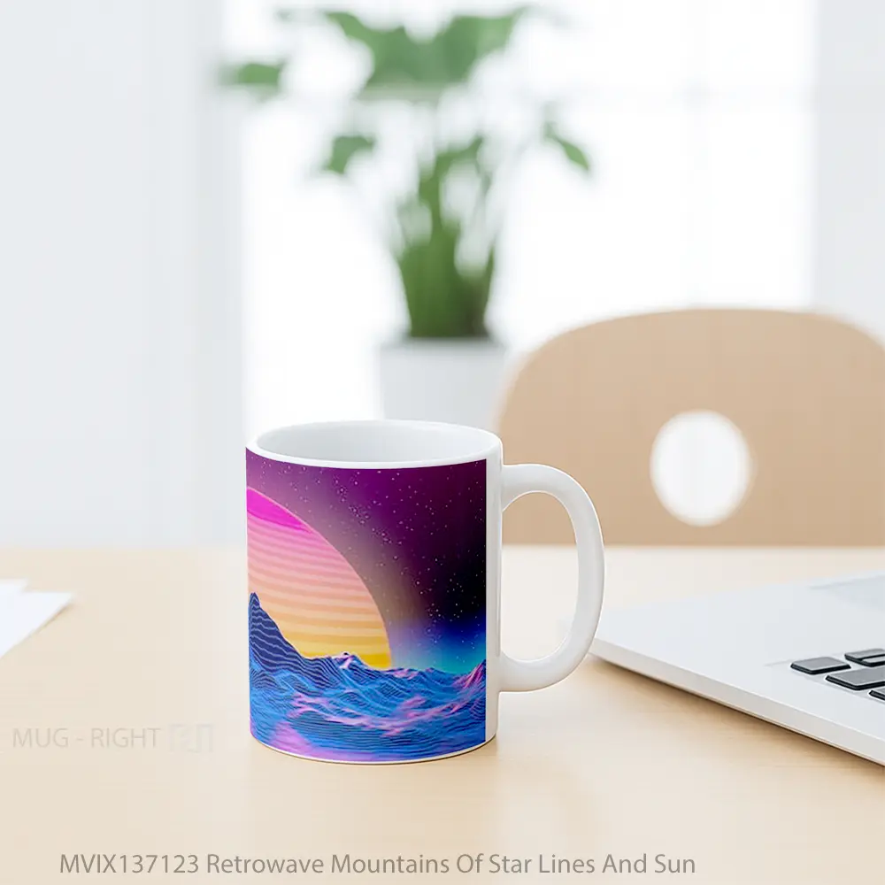 Mug Retrowave Mountains Of Star Lines And Sun Gelas Pemandangan Alam - All-side / Desain