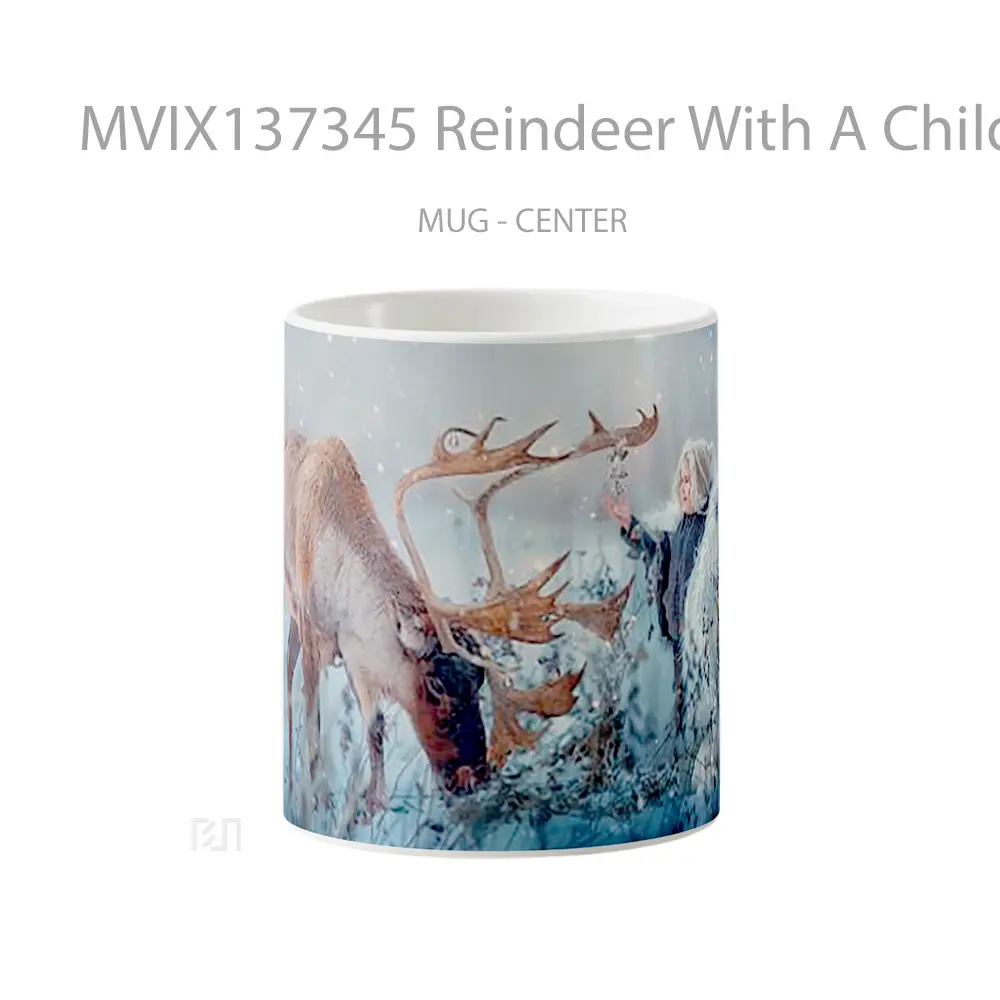 Mug Reindeer With A Child In Snow Gelas Hewan Lucu