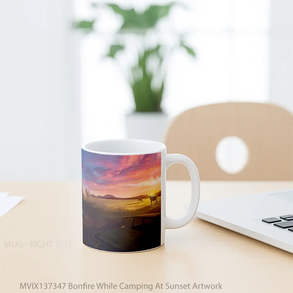 Mug Bonfire While Camping At Sunset Artwork Gelas Pemandangan Alam - All-side / Desain