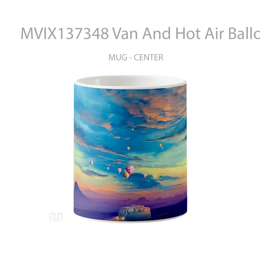 Mug Van And Hot Air Balloon In Colourful Sunset Gelas Pemandangan Alam