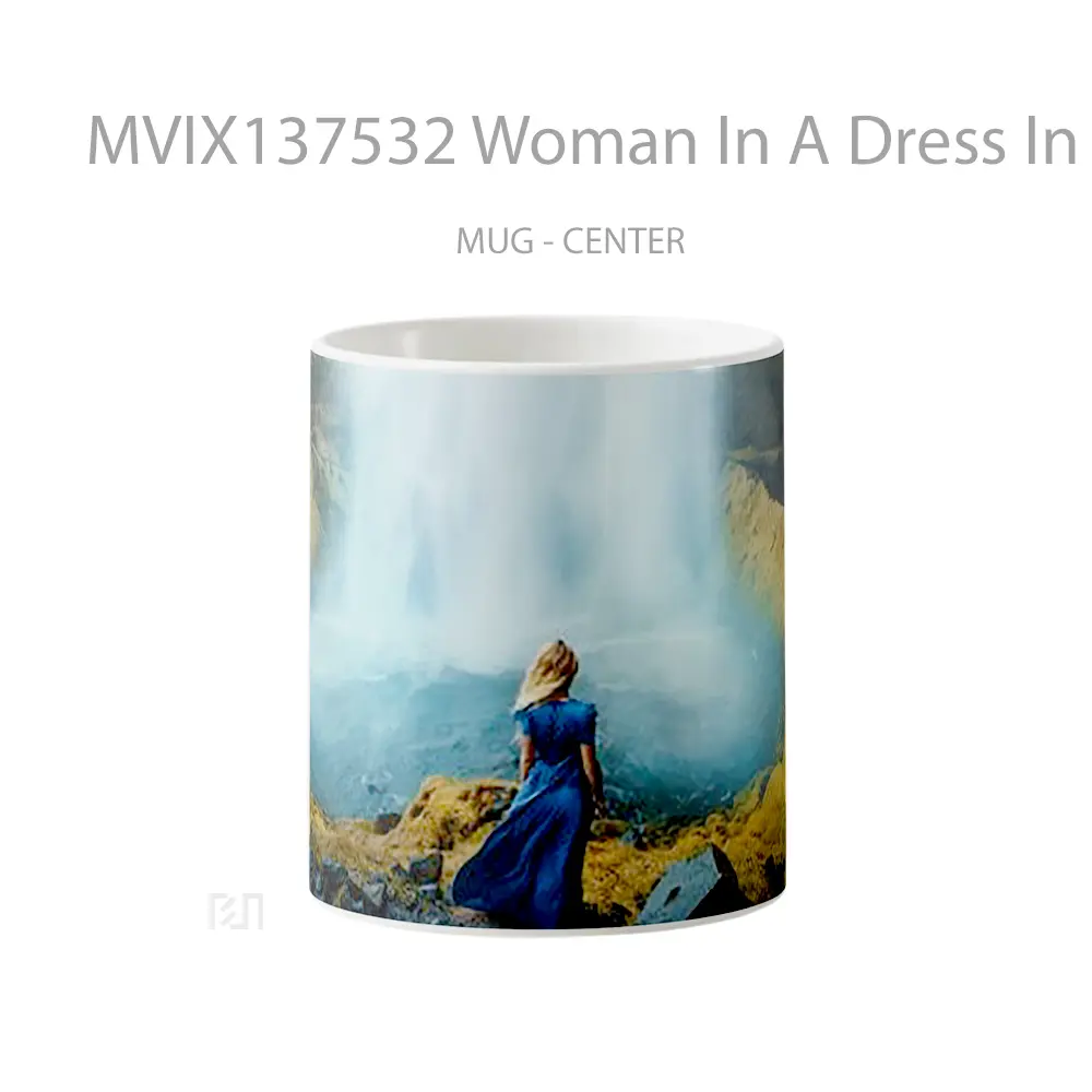 Mug Woman In A Dress In Front Of Waterfall Gelas Pemandangan Alam