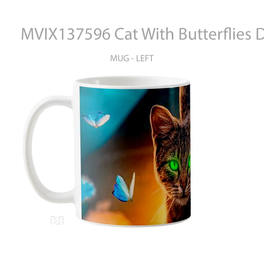Mug Cat With Butterflies Digital Art Gelas Hewan Lucu - All-side / Desain