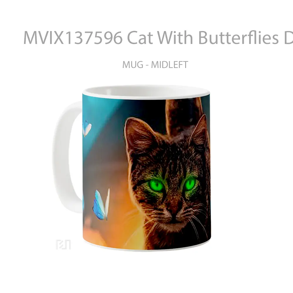 Mug Cat With Butterflies Digital Art Gelas Hewan Lucu - All-side / Desain