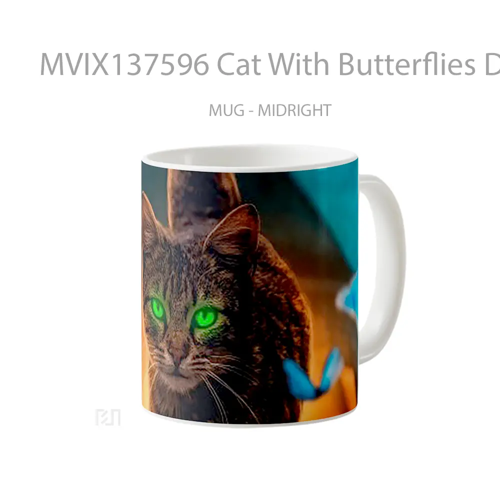 Mug Cat With Butterflies Digital Art Gelas Hewan Lucu - All-side / Desain