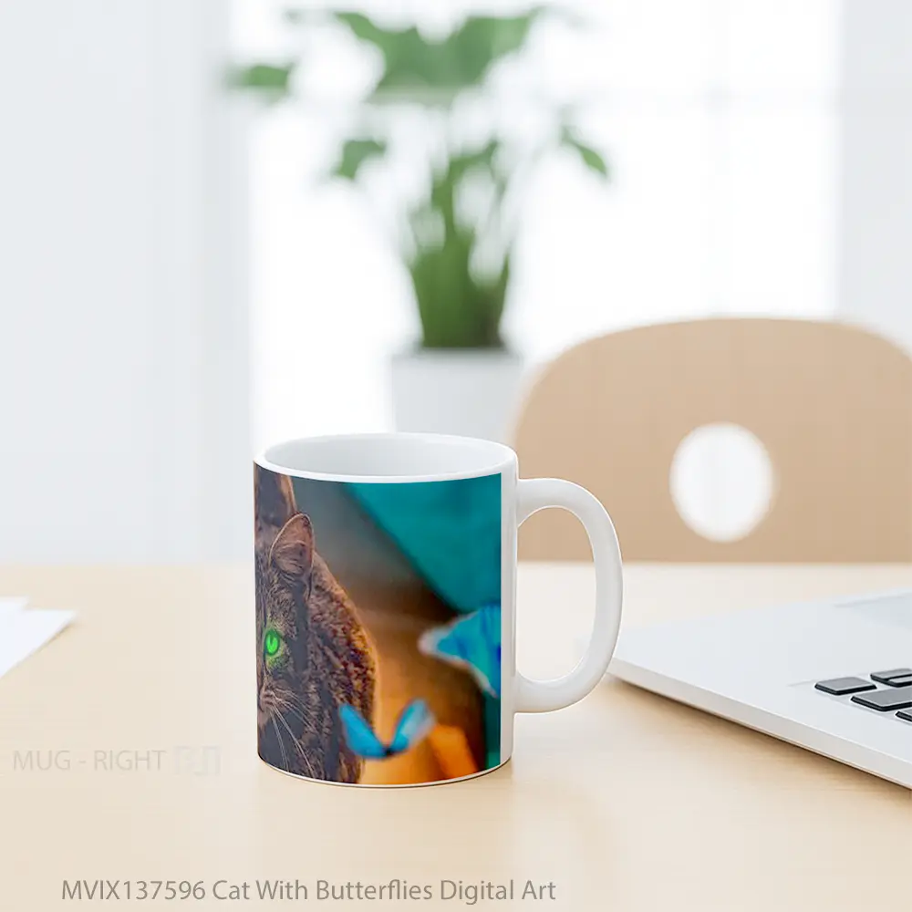 Mug Cat With Butterflies Digital Art Gelas Hewan Lucu - All-side / Desain