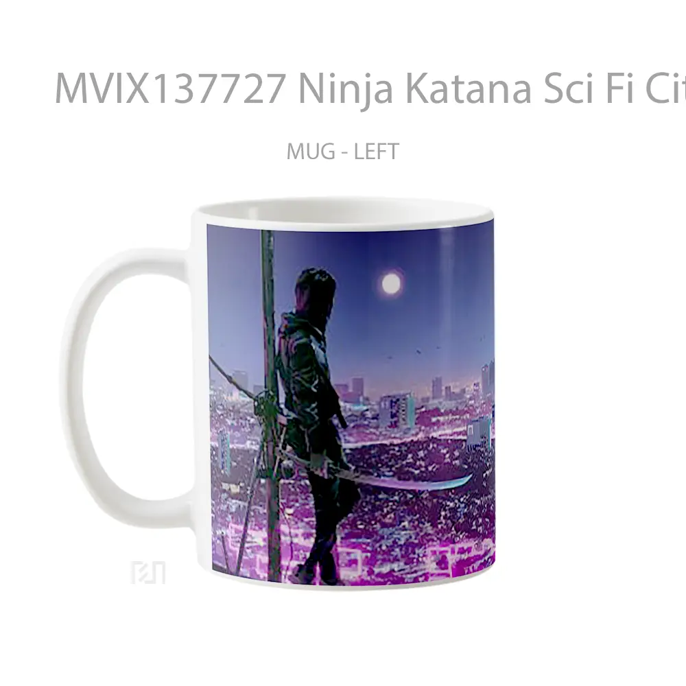 Mug Ninja Katana Sci Fi City Neon Lights Gelas Keramik Unik - All-side / Desain