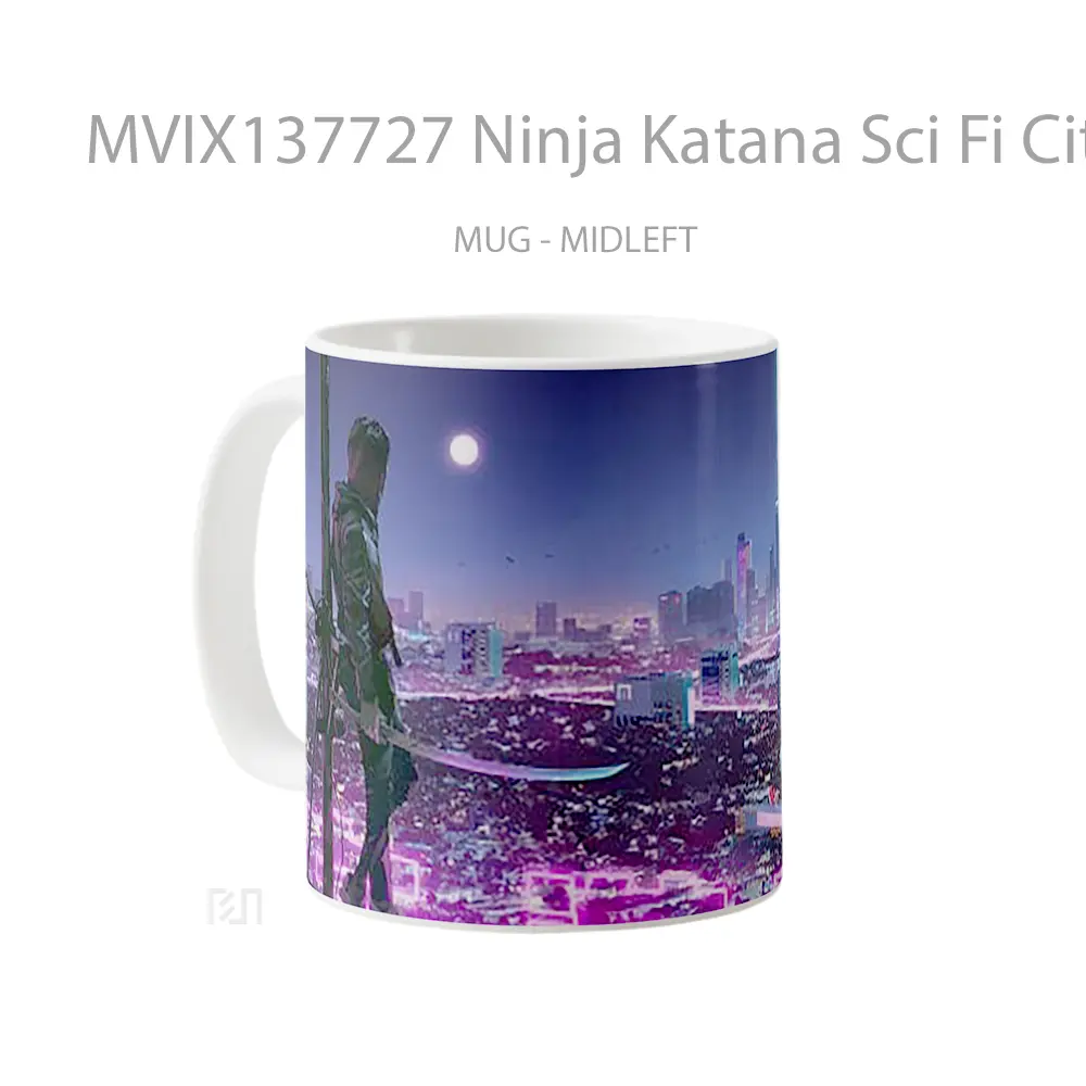 Mug Ninja Katana Sci Fi City Neon Lights Gelas Keramik Unik - All-side / Desain
