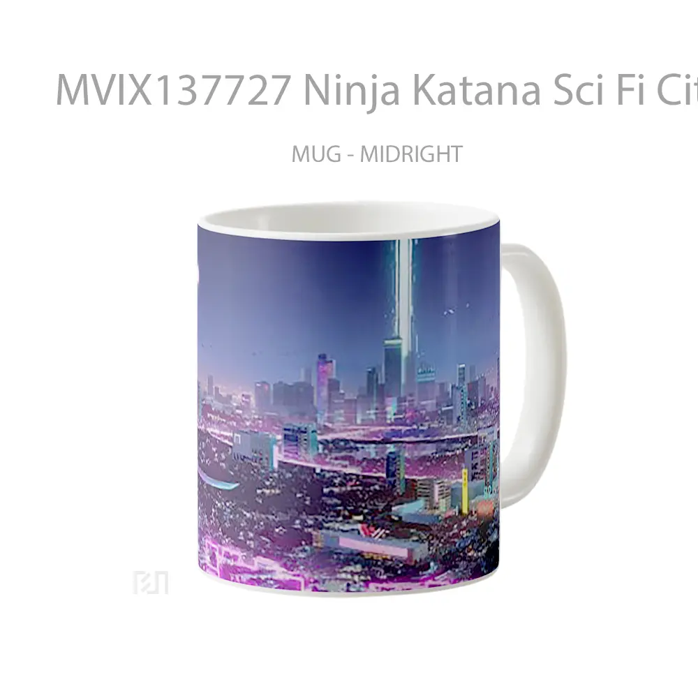 Mug Ninja Katana Sci Fi City Neon Lights Gelas Keramik Unik - All-side / Desain