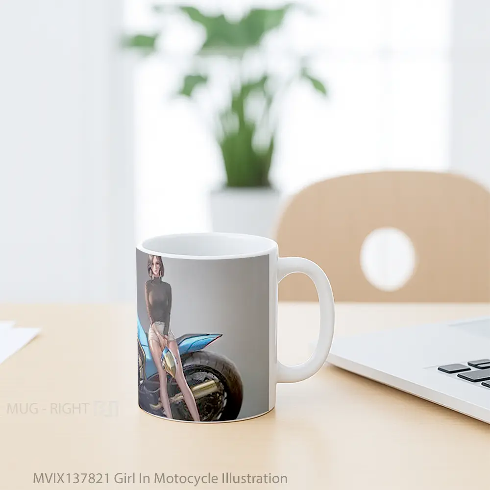 Mug Girl In Motocycle Illustration Gelas Seni Modern - All-side / Desain