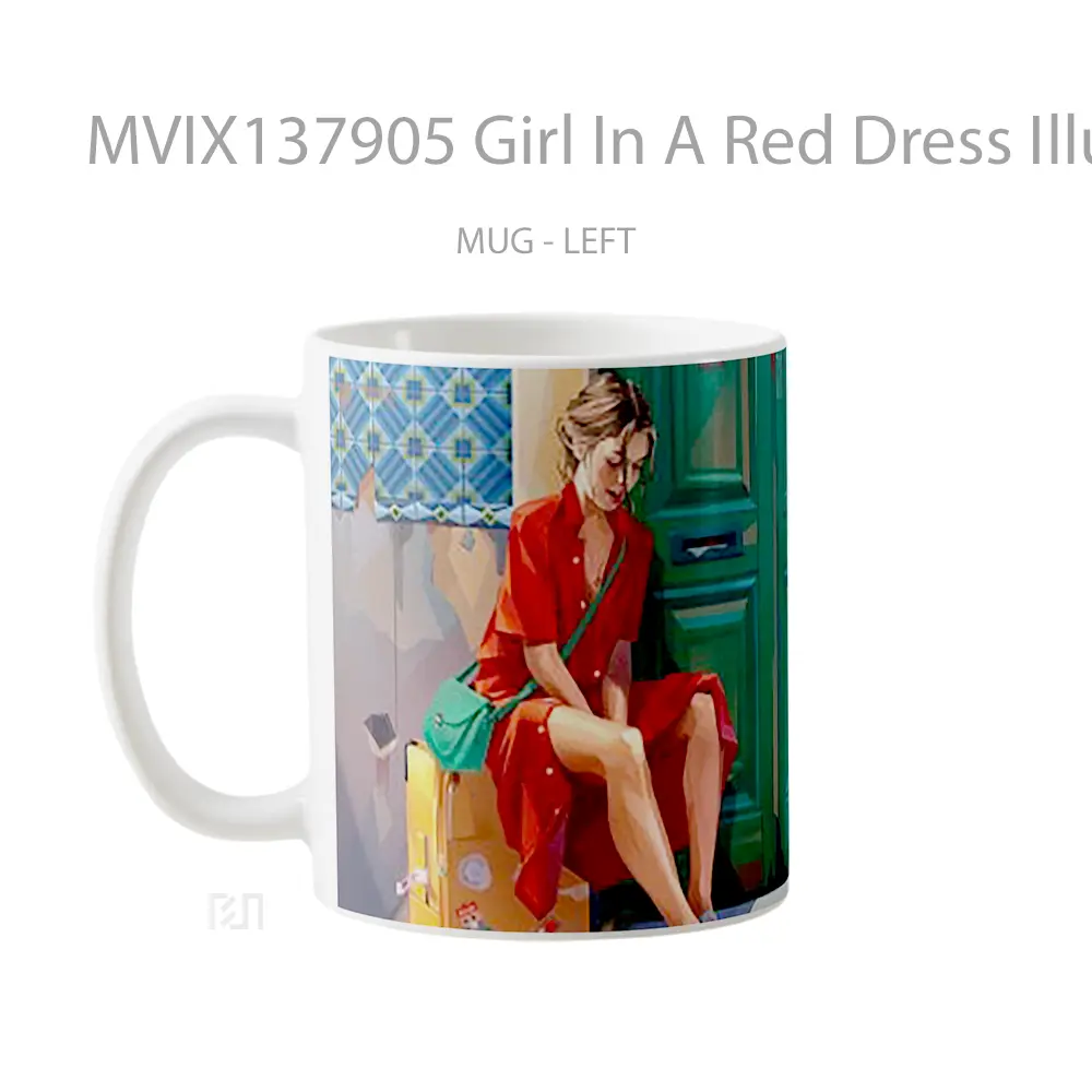 Mug Girl In A Red Dress Illustration Gelas Seni Modern - All-side / Desain