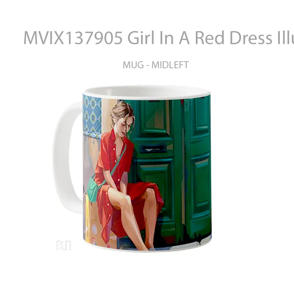 Mug Girl In A Red Dress Illustration Gelas Seni Modern - All-side / Desain
