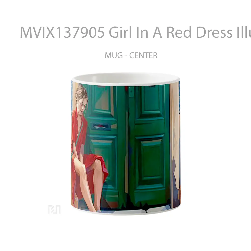 Mug Girl In A Red Dress Illustration Gelas Seni Modern