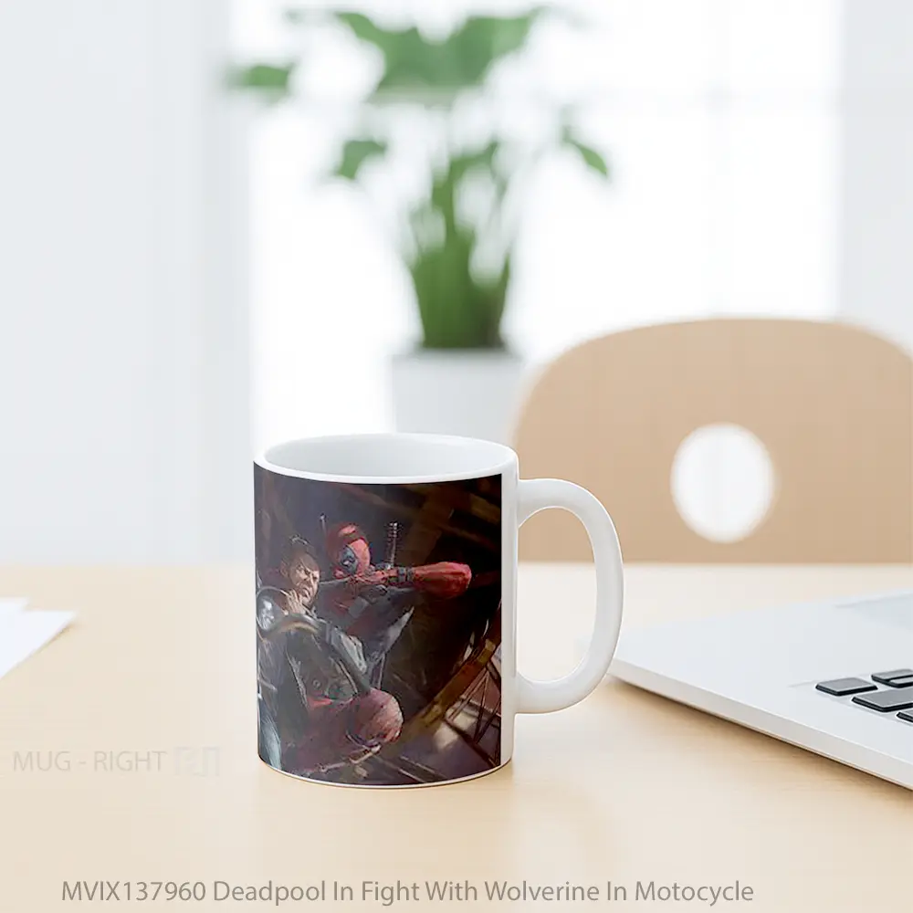 Mug Deadpool In Fight With Wolverine In Motocycle Gelas Superhero - All-side / Desain