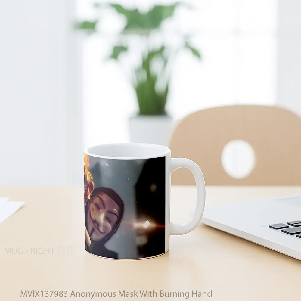 Mug Anonymous Mask With Burning Hand Gelas Keramik Unik - All-side / Desain